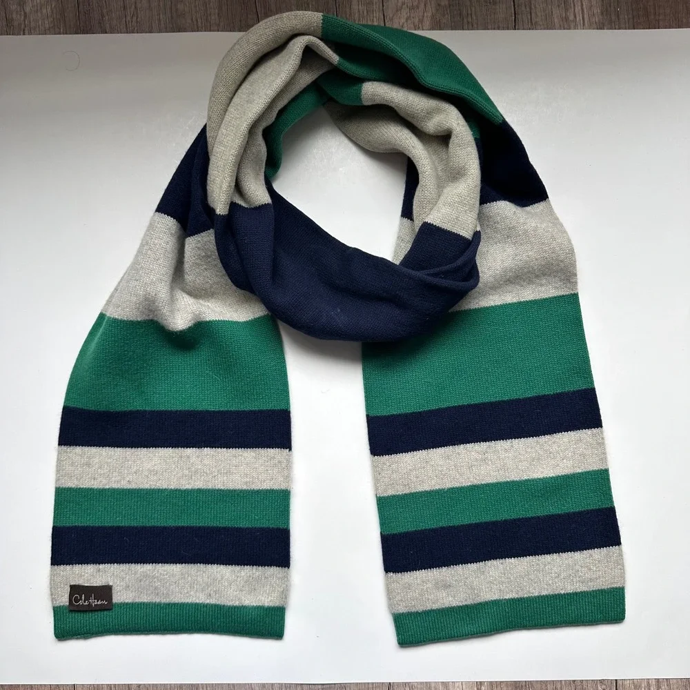 Vintage Cole‎ Haan Men Striped Scarf Green Navy Gray Wool Blend Winter Warm